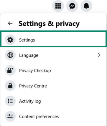 Facebook Settings & privacy menu with Settings highlighted.