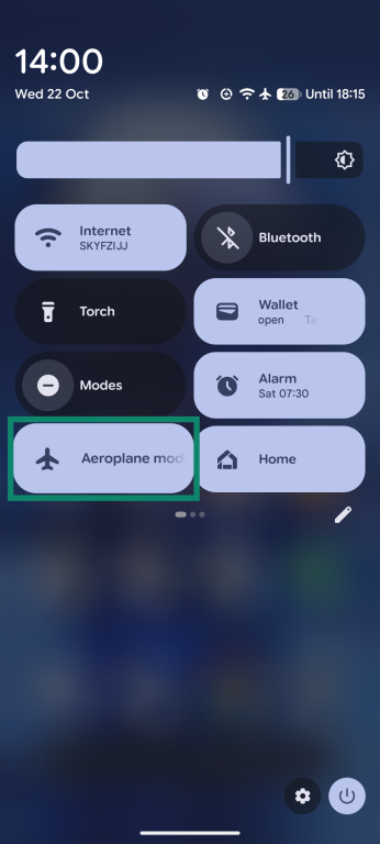 An Android screenshot, showing the Airplane Mode icon in the Quick Settings menu.