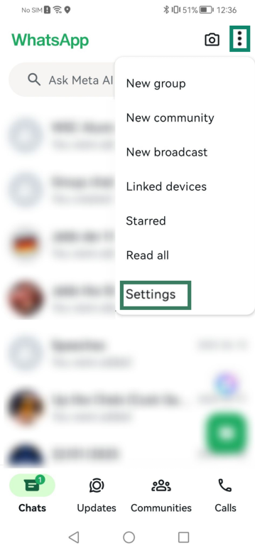 Screenshot showing how to access WhatsApp settings menu.