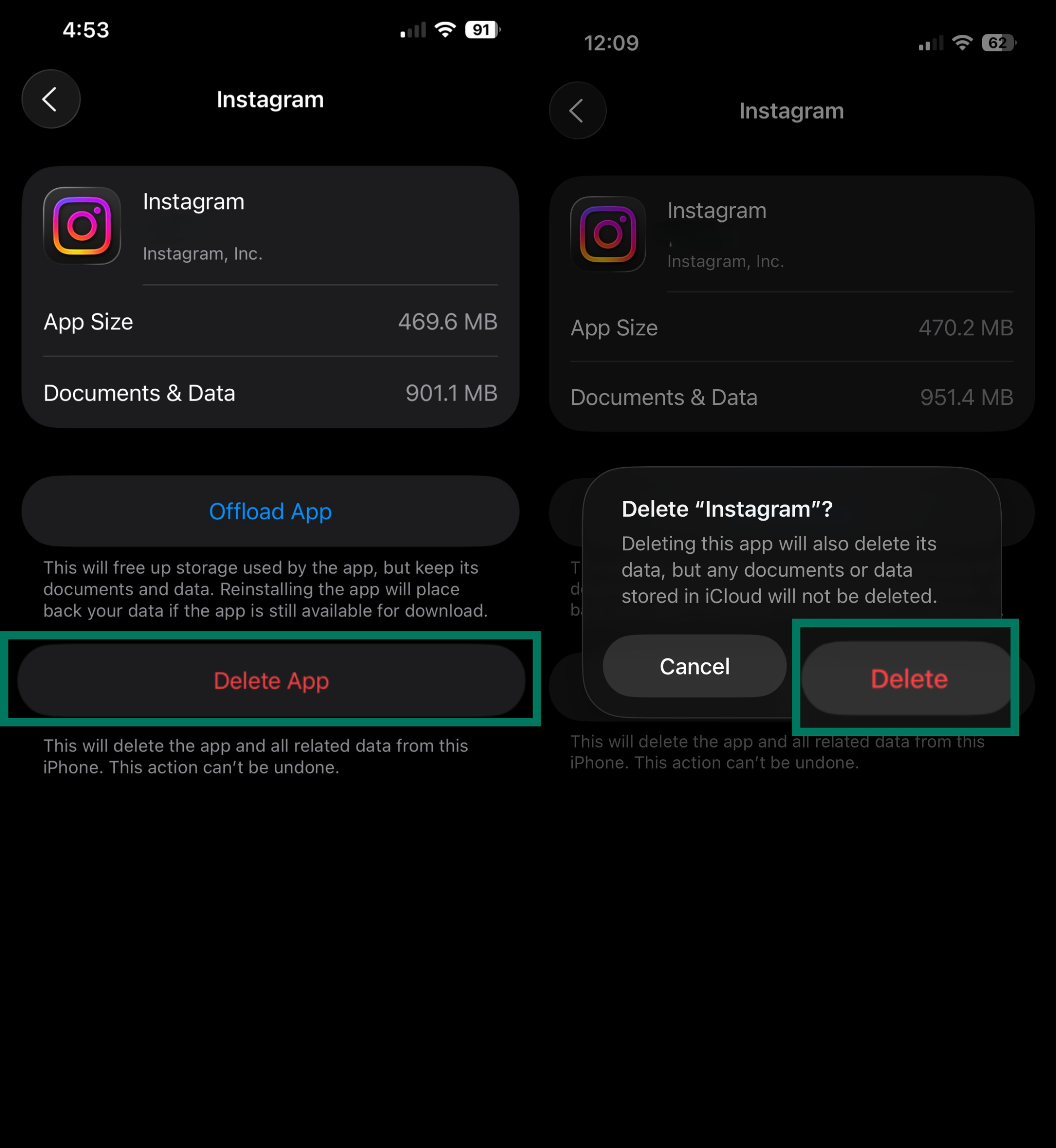 Instagram app settings showing Delete App button highlighted on iPhone.