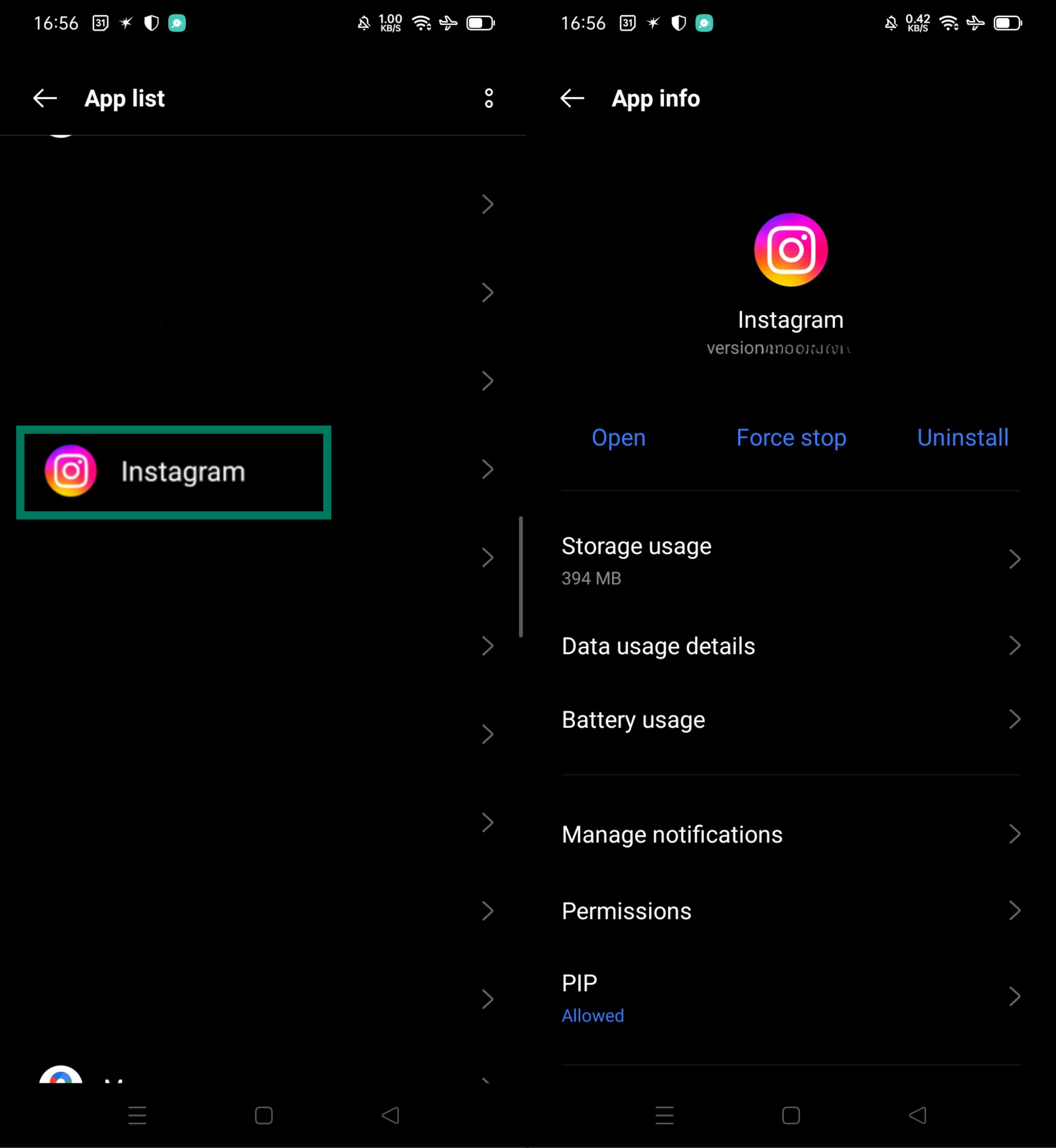 Android App list showing Instagram selected and App info page displayed.