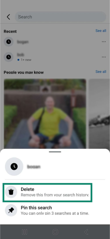 The options menu for a search entry on the Android Facebook app. The "Delete" button is highlighted.