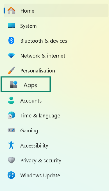 Windows 11 Settings sidebar with Apps selected.