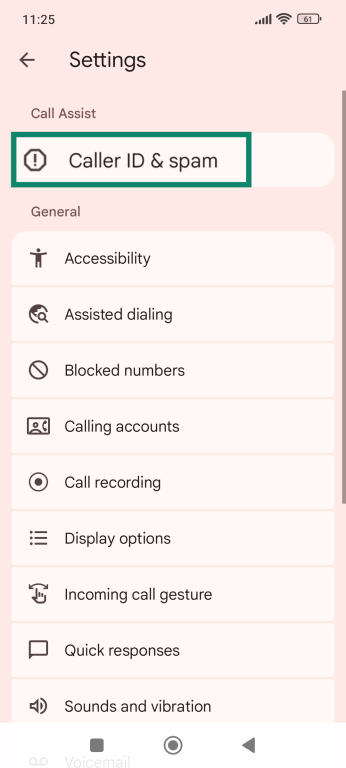 Android Settings menu with the Caller ID and spam option highlighted