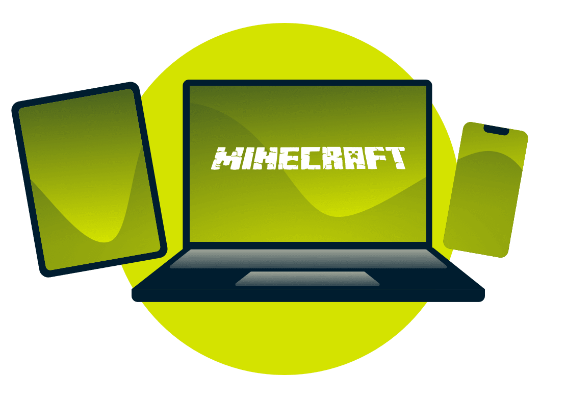 Verschiedene Geräte mit dem Minecraft-Logo.