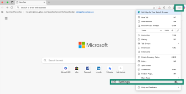 Edge menu with Settings option highlighted.