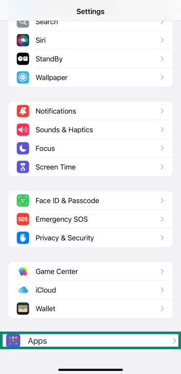 iPhone settings with Apps highlighted.