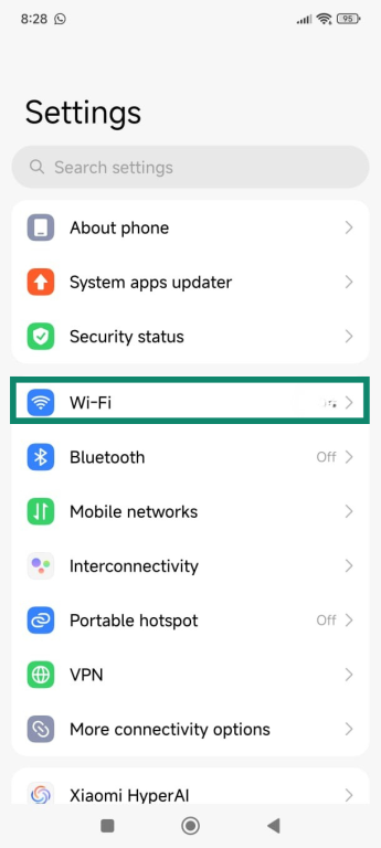 The settings menu on Android, with a highlighted "Wi-Fi" option.