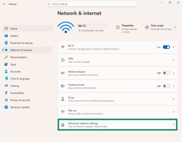 The advanced network settings option highlighted in the network and internet menu on the Windows 11 settings menu.