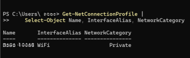 A PowerShell window showing the Get-NetConnectionProfile command, with the output displaying the active WiFi network profile as "Private".