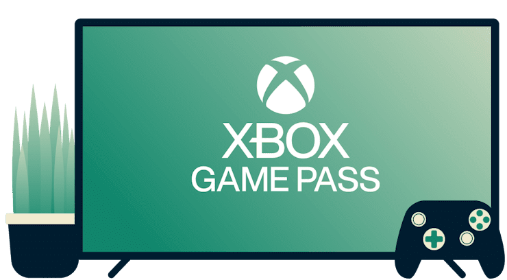 Näyttö jolla on Xbox Game Pass -logo, ohjain ja kasvi