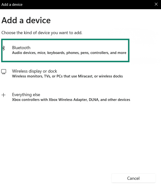 The "Add a device" window on the Windows 11 Bluetooth settings page. The "Bluetooth" option is highlighted.