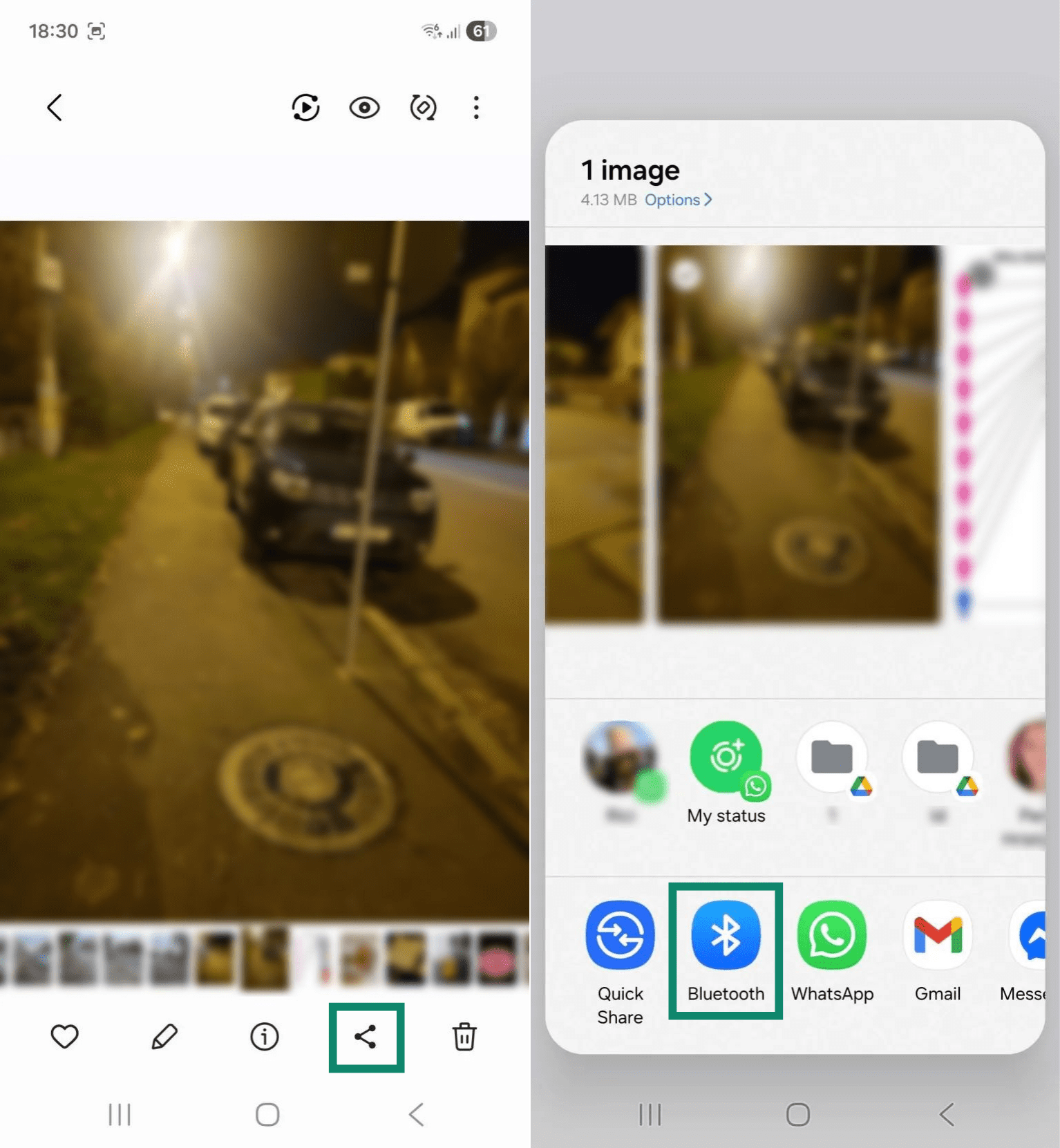 Two Android screenshots side by side. The first one shows an image, and the share button is highlighted. The second screenshots shows a file sharing options, and the Bluetooth icon is highlighted.