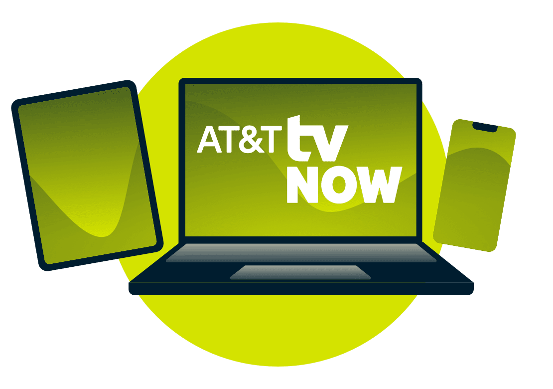 Laptop, tablet i telefon z logo AT&T TV Now.