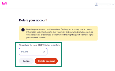 Lyft account delete confirmation page