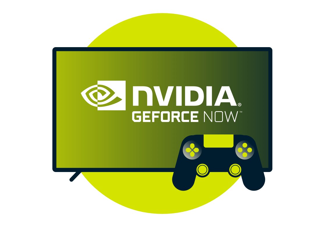 Nvidia GeForce Now logo on screen with a controller