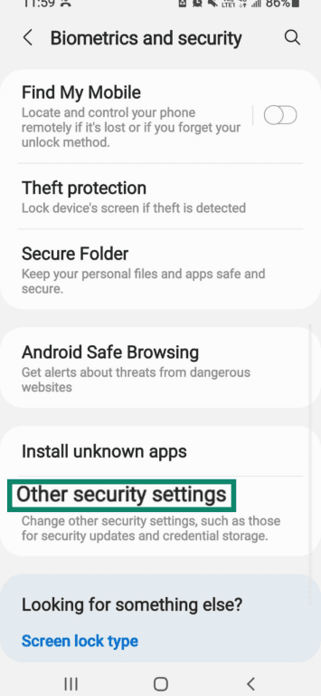 Within Biometrics and security settings, the option for Other security settings is highlighted.