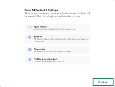 Erase All Content & Settings summary showing items to be removed.