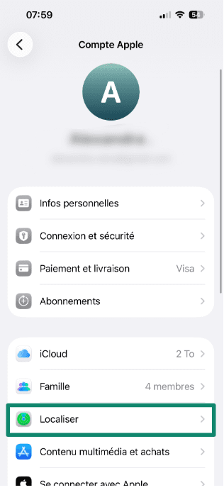 Apple Account settings screen with the Find My option highlighted.