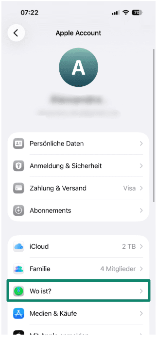 Apple Account settings screen with the Find My option highlighted.