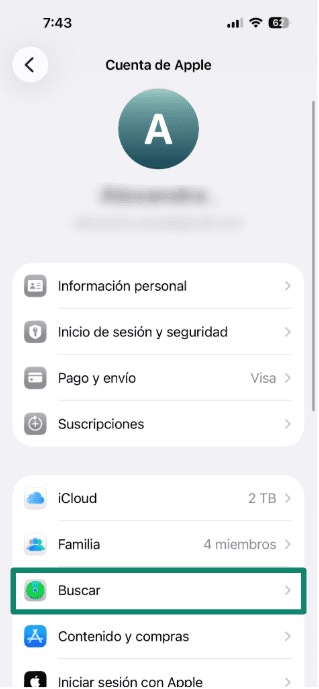 Apple Account settings screen with the Find My option highlighted.