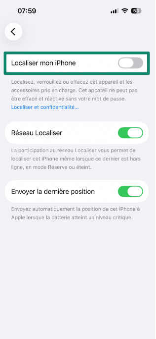Screenshot showing Find My iPhone option