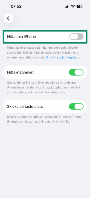 Screenshot showing Find My iPhone option