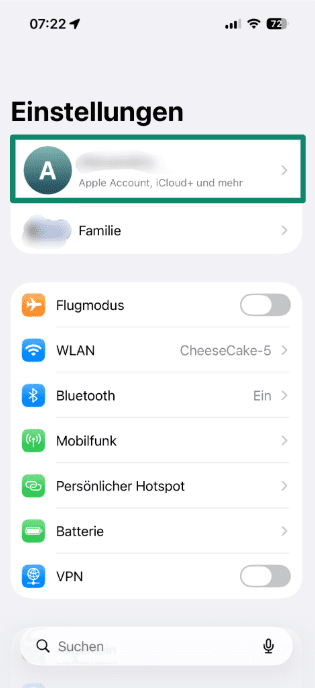 Screenshot showing Apple ID in the iPhone Settings menu