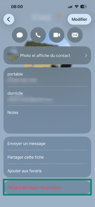 Contact screen with the Stop Sharing My Location option highlighted.