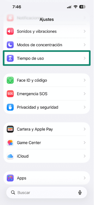 iPhone Settings with Screen Time highlighted.