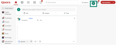 The Quora homepage is open and the user avatar is highlighted.