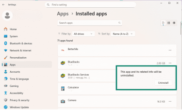 The Windows installed apps page is open, with a confirmation request to uninstall BlueStacks,