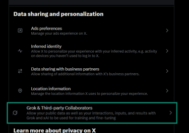 Grok and third-party collaborators settings with training toggles.