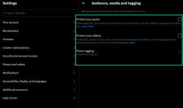 Audience and Tagging screen with Protect Your Posts and Protect Your Videos toggles.