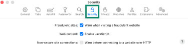 Security tab in Safari's settings on macOS.