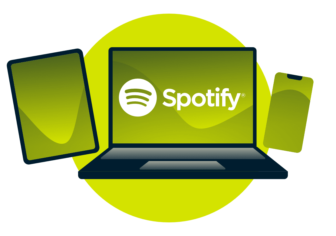 Laptop, tablet i telefon z logo Spotify.