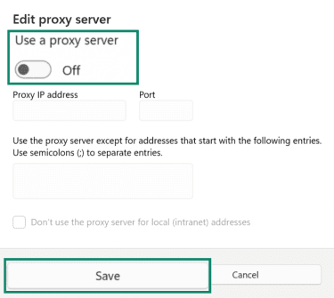 Windows Manual proxy setup with Use a proxy server option highlighted.