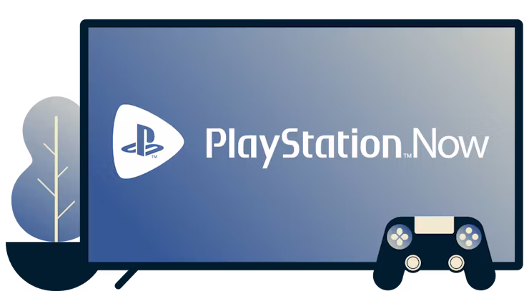 Skærm med Playstation Now-logo, controller og en plante.