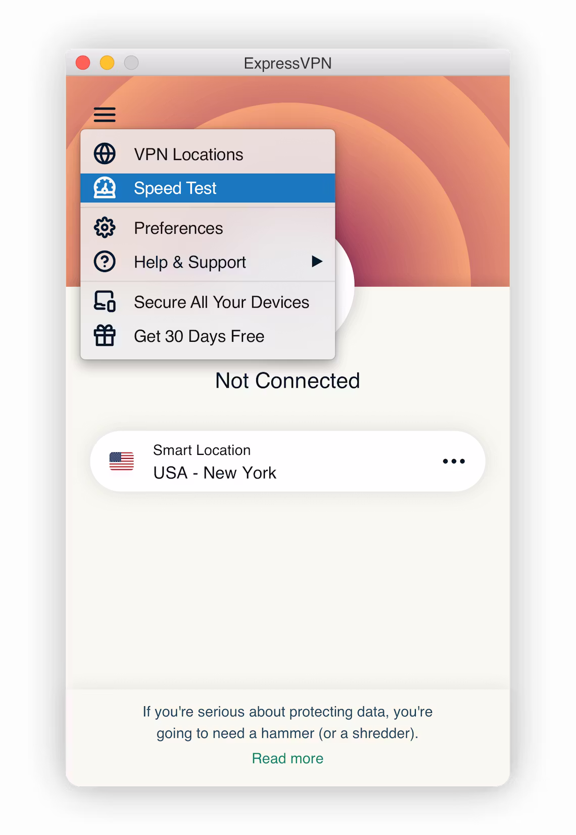 Valg af hastighedstest på ExpressVPN-grænsefladen.