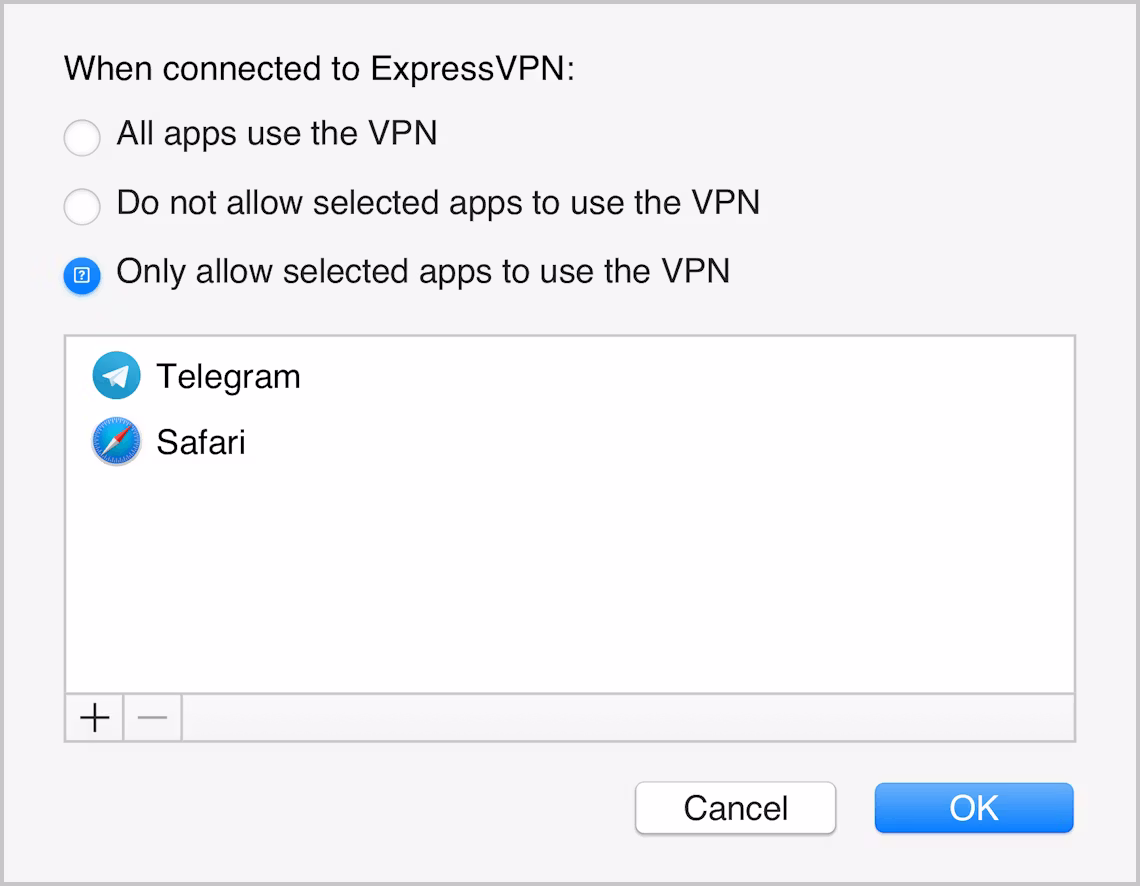 Sadece seçili uygulamaların VPN tarafından korunduğunu gösteren Mac arayüzü için ExpressVPN uygulaması.