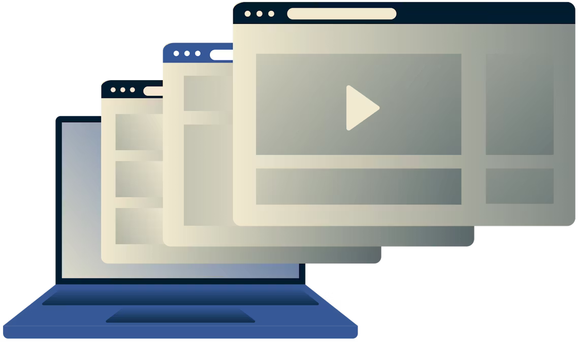 Desbloquear vídeo, música, esportes e mídias sociais. Portátil mostrando várias janelas do navegador.