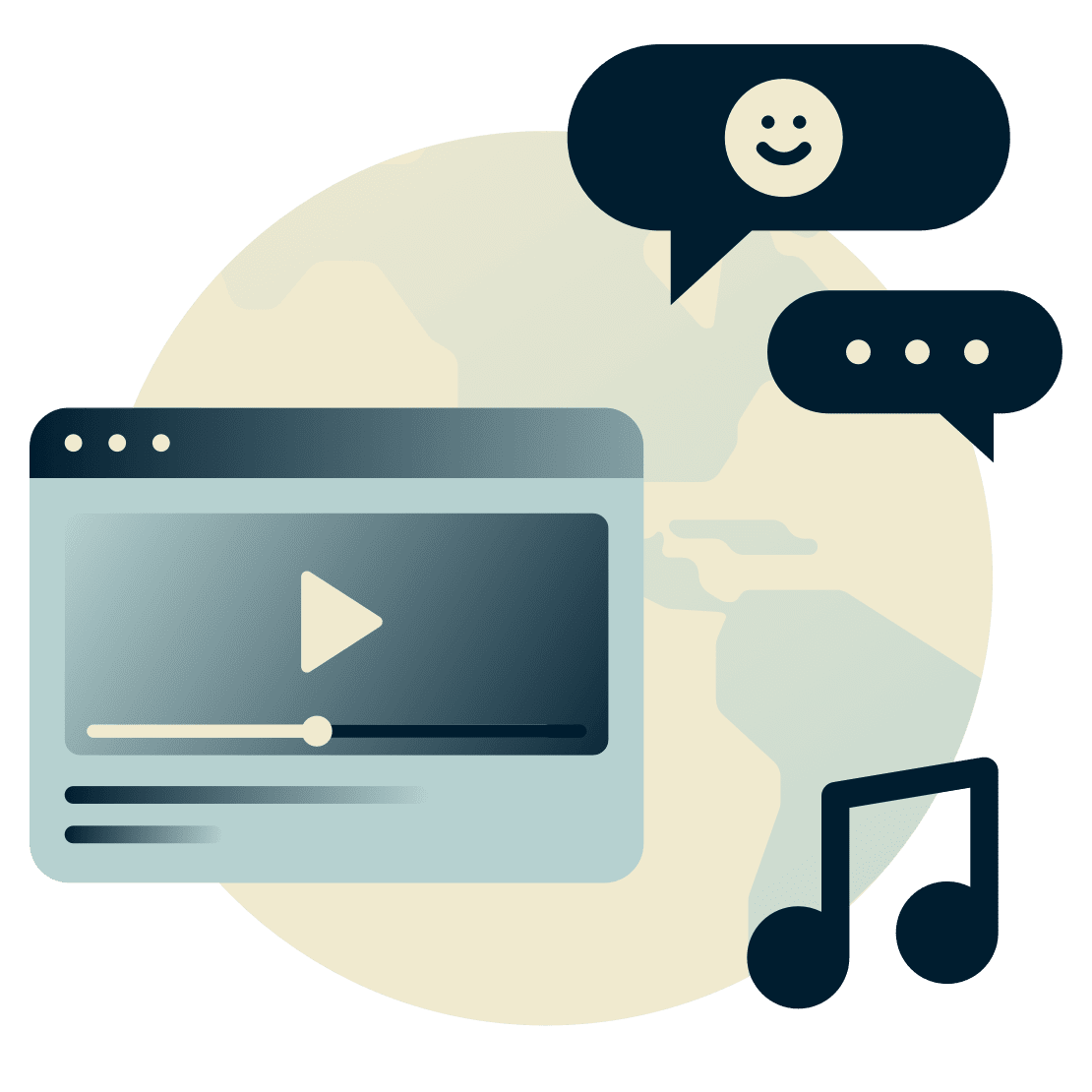 Kula ziemska z odtwarzaczem wideo, muzyką i czatem.