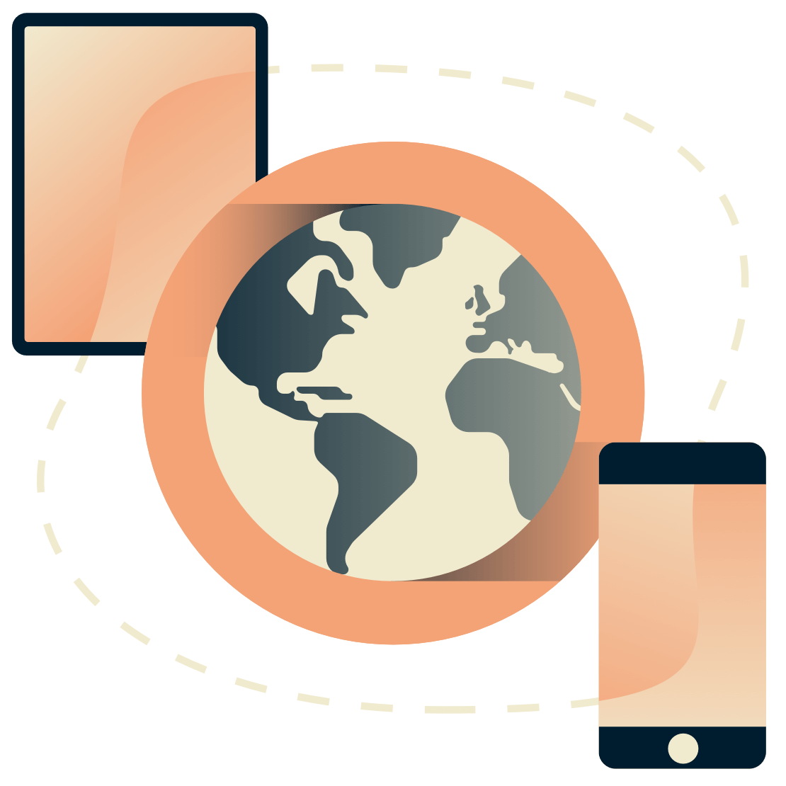 Tablet en telefoon rond een wereldbol.