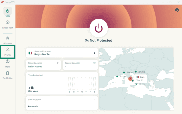 ExpressVPN desktop app dashboard showing the Profile tab highlighted in the left sidebar.