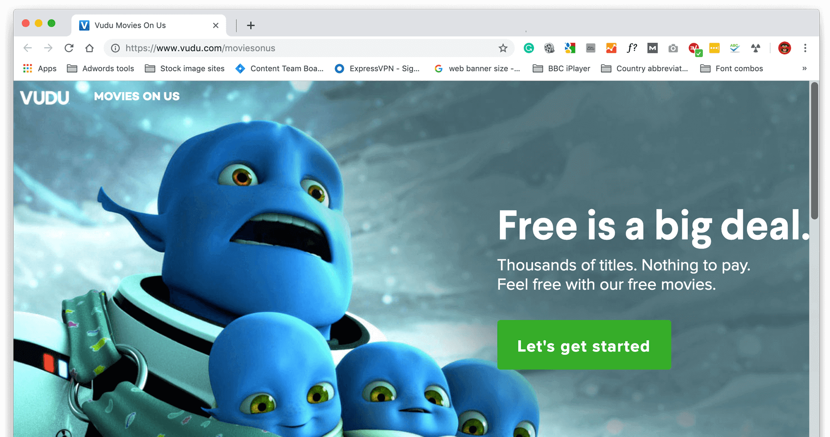 Une copie d'écran du site web de Vudu montrant « Movies On Us ».