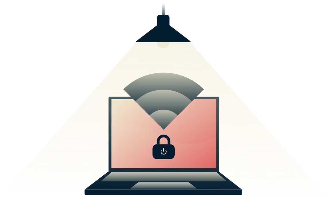 Network Lock bloque tout le trafic internet lorsque votre connexion VPN s'interrompt. Lampe éclairant un ordinateur sécurisé.
