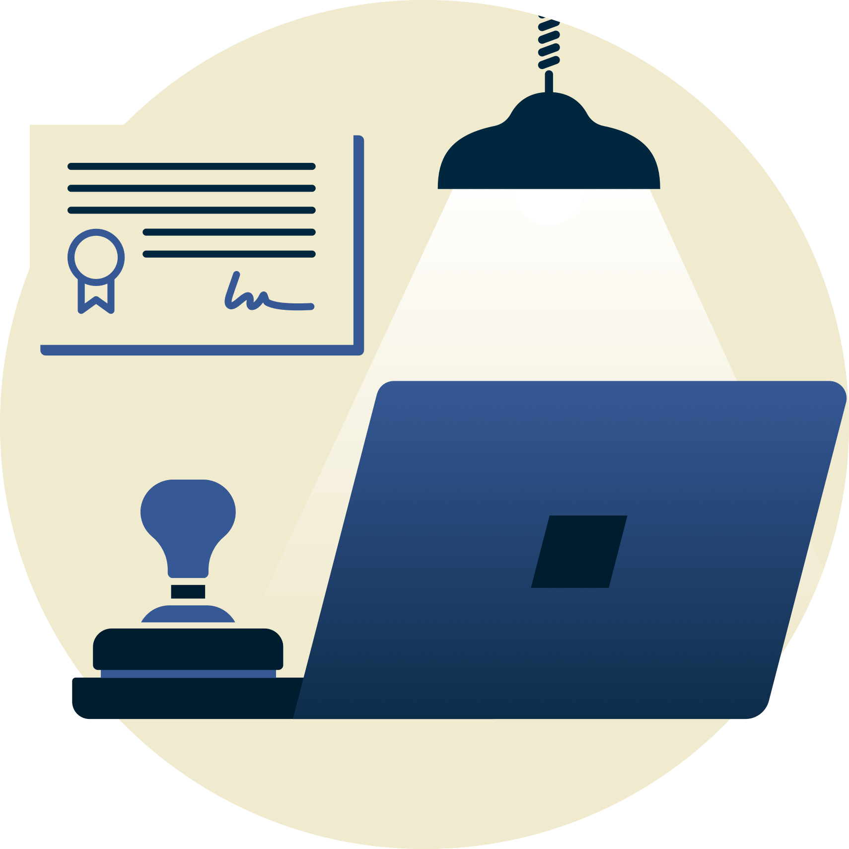 Lampan över gummistämpel och bärbar dator, med certifikat i bakgrunden.