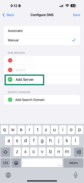 iOS Configure DNS screen with Add Server highlighted.