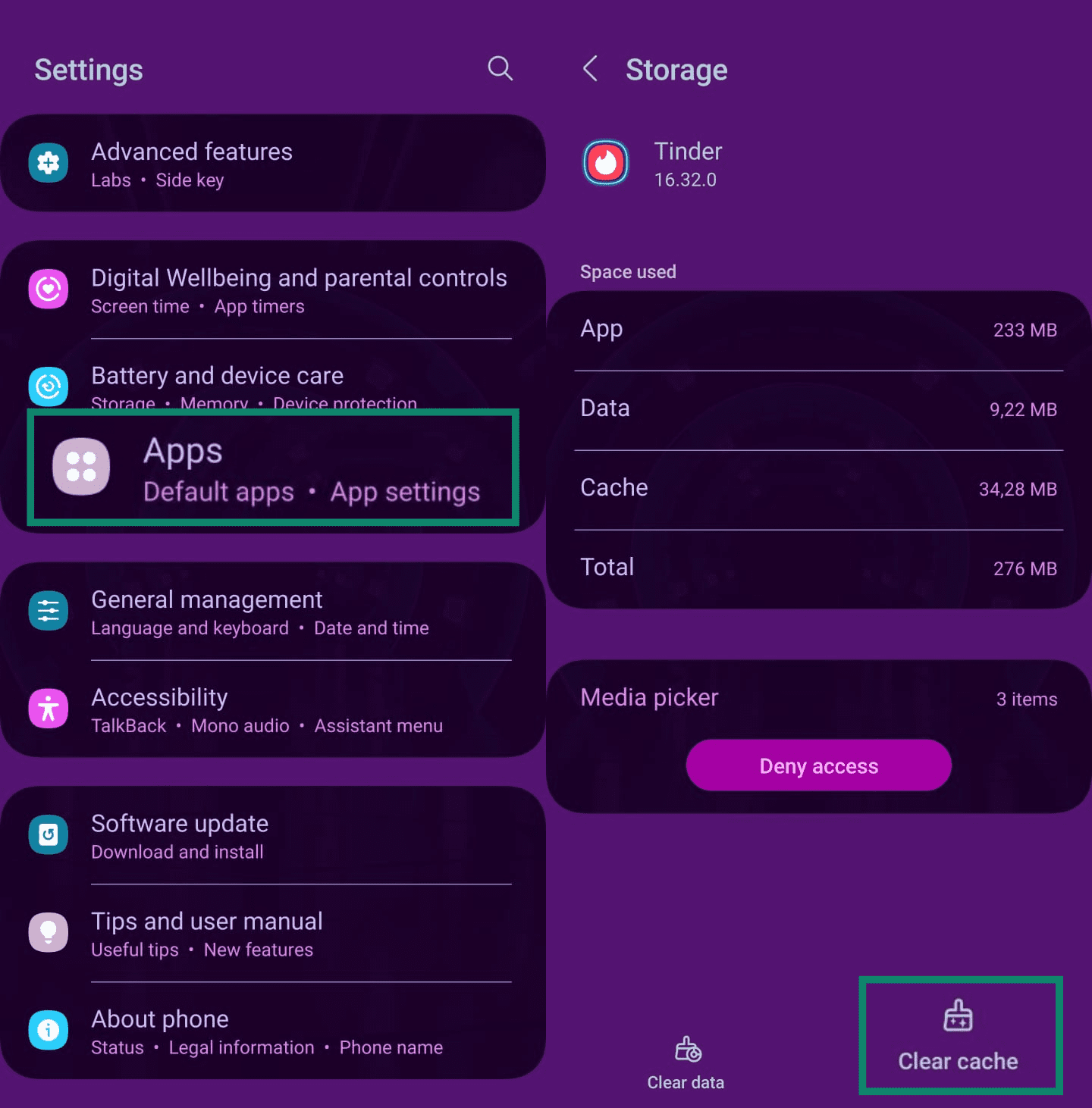Two Android screenshots, side by side, one of the Android system settings menu with the 