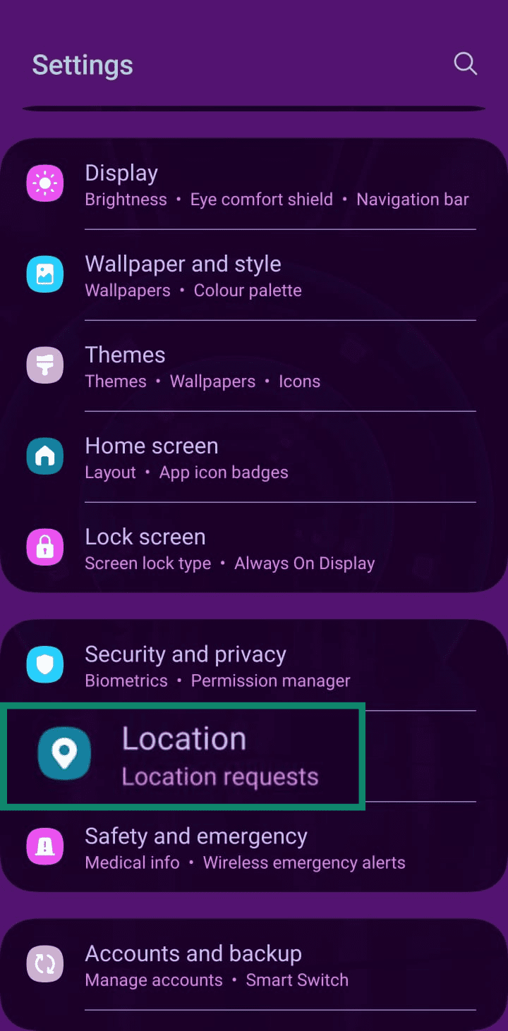 Android system settings menu with the 